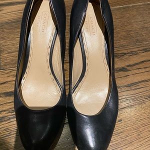coach black leather wedge heel